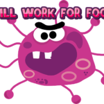 A funny purple cartoon amoeba holding up a work for food sign.