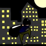 Funny cartoon of a burglar with a bag running through city at night.