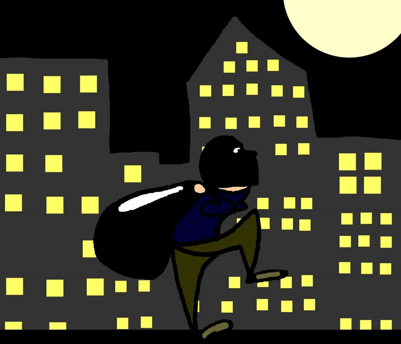Funny cartoon of a burglar with a bag running through city at night.