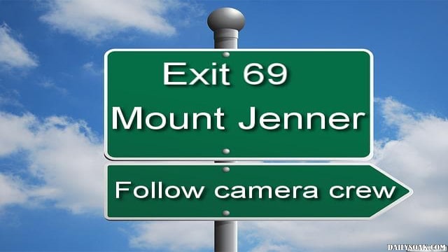 Parody road sign with Caitlyn Jenner name in place of Mount Rushmore.