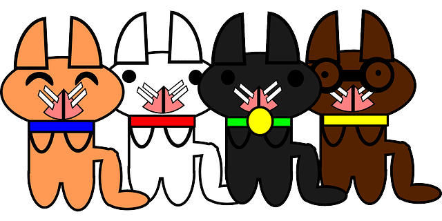 Brown, black, tan and white Japanese animation cartoon cats smiling.