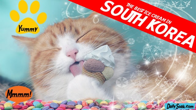 An orange and white tabby cat with his eyes closed licking an ice cream cone.