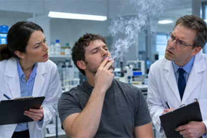 Two scientists in white lab coats studying a man smoking a cigarette with lots of cigarette smoke.