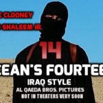 A satire movie poster of George Clooney dressed up as a terrorist in a desert for a movie.