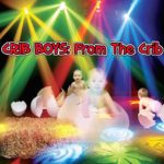Three babies hatching out of eggs on the cover of a music album with strobe lights.