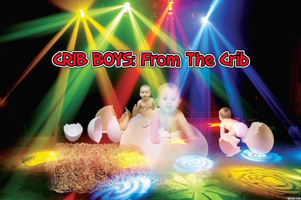 Three babies hatching out of eggs on the cover of a music album with strobe lights.