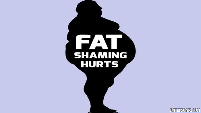 Parody fat-shaming poster with naked fat man with words fat-shaming hurts on his belly.