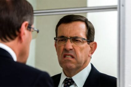 Angry white male lawyer staring at his self in the mirror.