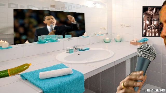 Funny parody showing Obama giving speech inside Oval Office bathroom.