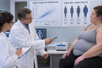 Two scientists in white lab coats examining an obese white woman sitting on a medical table.