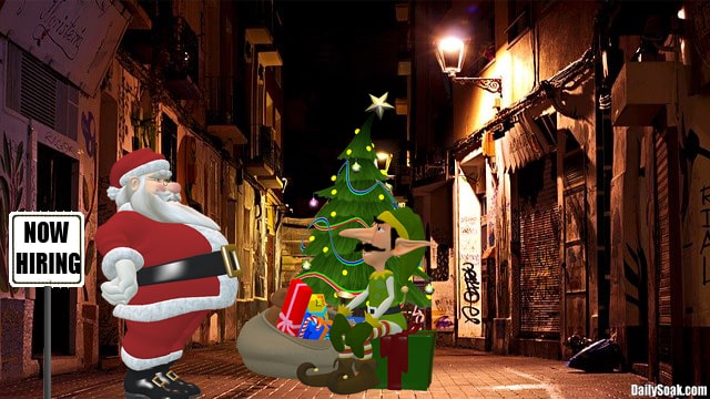 Santa Claus and green elf standing in dark alley at night.