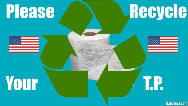 Toilet paper behind green recycle logo.