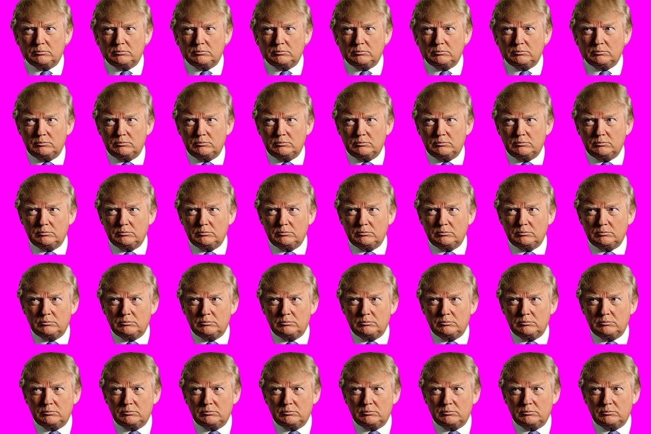 Funny comedy satire poster with rows of Republican candidate Donald Trump's head on pink background.