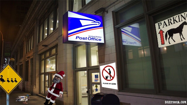 USPS post office building at night with drunken Santa Claus out front.