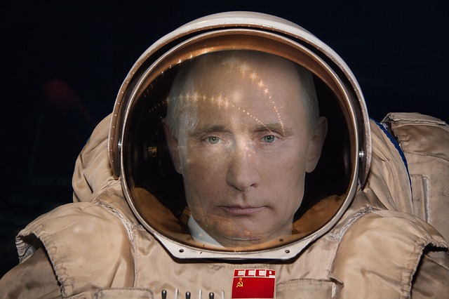 Russian president Vladimir Putin wearing a spacesuit.