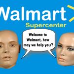 Two Mannequins standing in front of a Walmart sign.