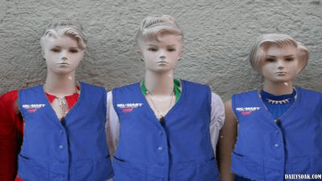 Funny satire with three female mannequins dressed up as Walmart employees.