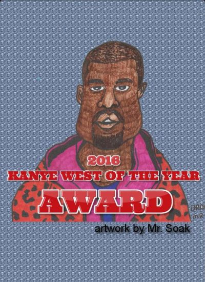 Drawing of rap star Kanye West for a satire Kanye West of the year award.
