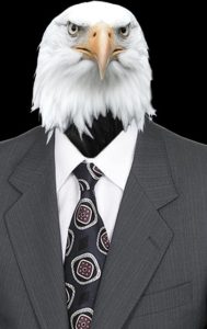 Funny satire eagle bird head on human body wearing a gray suit and tie.