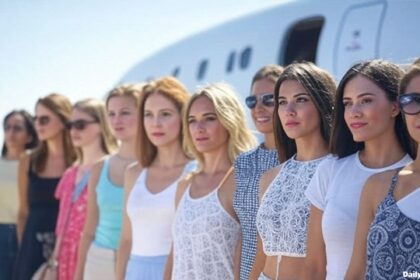 Numerous beautiful prostitutes standing next to airlines planes.