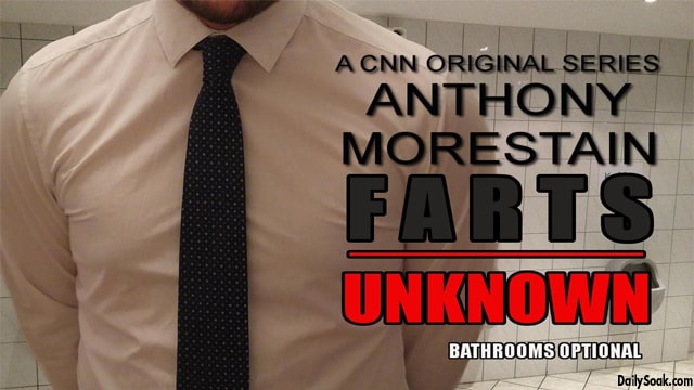 A promo poster for CNN's new Series Anthony Morestain: Farts Unknown with a man in a white dress shirt and tie.