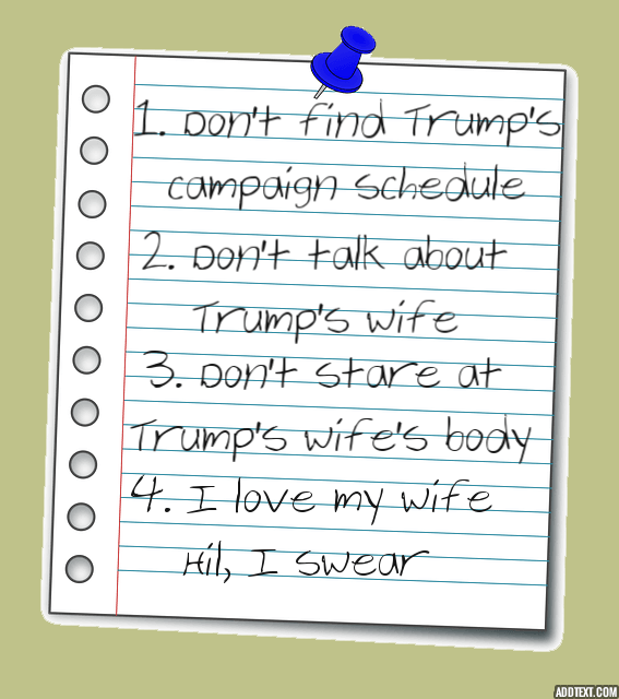 Satire comedy note with Bill Clinton writing that he's not in love with Trump's wife.