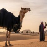Funny satire of Saudi Arabia with camel wearing burka in desert in front of two Saudi men in white robes.