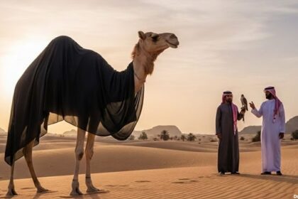 Funny satire of Saudi Arabia with camel wearing burka in desert in front of two Saudi men in white robes.