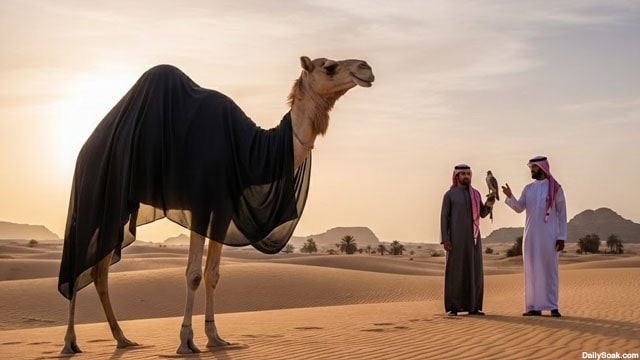 Funny satire of Saudi Arabia with camel wearing burka in desert in front of two Saudi men in white robes.