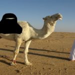 Funny satire of Saudi Arabia with camel wearing burka in desert in front of two Saudi men in white robes.