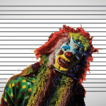 Funny satire of a clown mugshot photo.