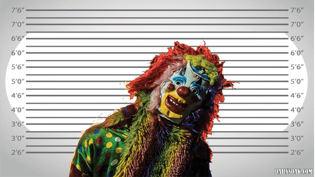 Funny satire of a clown mugshot photo.