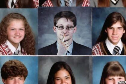NSA whistle-blower Edward Snowden wearing a suit in a yearbook photo.