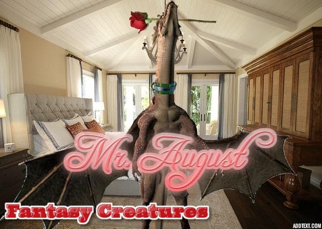 Parody Chippendales calendar with a dragon naked in a bedroom with a rose in his mouth.
