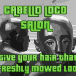 Parody of hair salon with two bald mannequins on front.