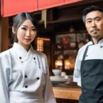 Japanese man and woman standing outside of restaurant in Tokyo Japan.