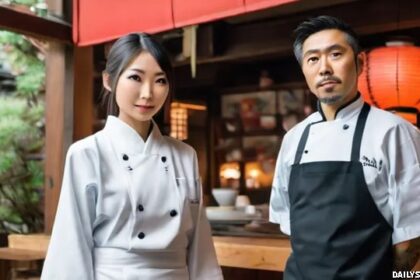 Japanese man and woman standing outside of restaurant in Tokyo Japan.