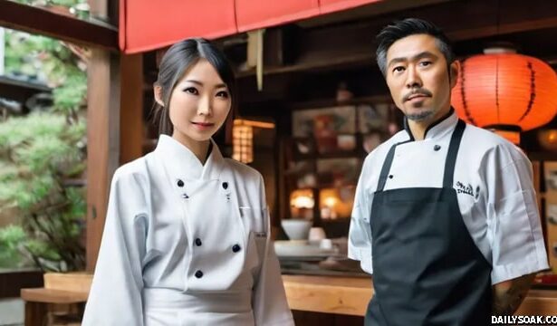 Japanese man and woman standing outside of restaurant in Tokyo Japan.