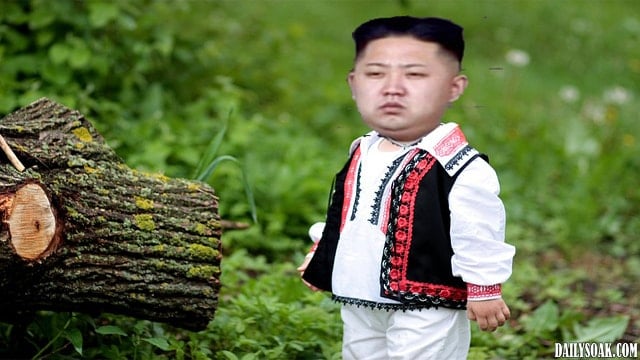 Funny Photoshop of Korean leader Kim Jong-un with his head on a baby's body in the woods.