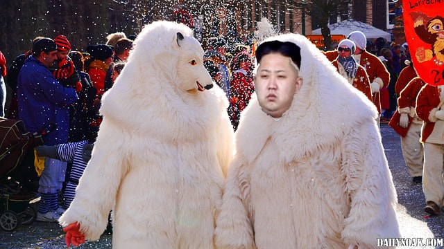Funny Photoshop of Kim Jong-un wearing a white bear costume walking down a street parade.