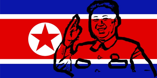 Funny Kim Jong-un saluting and standing in front of North Korean flag.