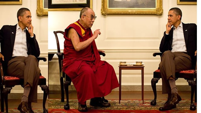 Funny satire of President Obama talking to Dali Lama with an Obama double sitting next to him.