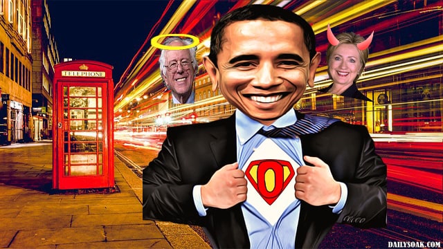 Funny parody of President Obama ripping off his shirt to show a Superman suit on.