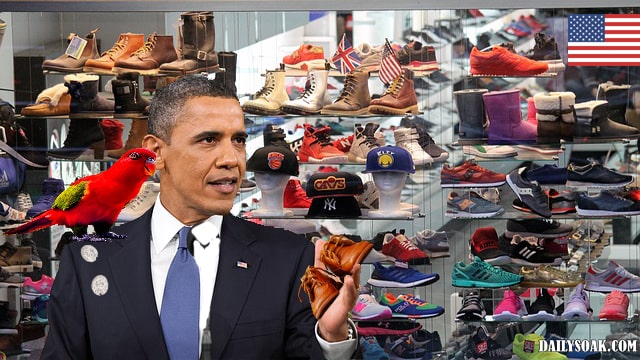 President Obama with his pet red parrot standing inside his shoe closet.