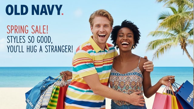 Funny parody Old Navy ad of an interracial couple hugging for an ad.