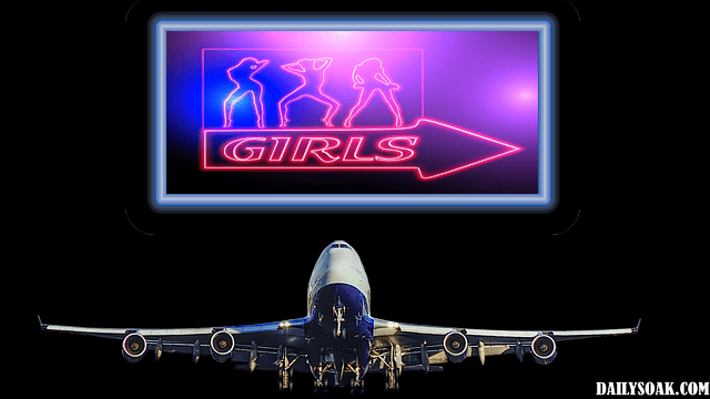 Neon sign of stripping women over an airplane.