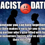 Funny satire ad for racist dating site with man and woman kissing.