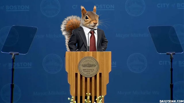 Funny satire of a squirrel as mayor of Boston standing at podium giving a political speech.