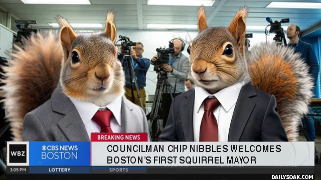 Funny satire photo of two politicians with squirrel heads shaking hands for news reporters.