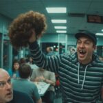 Thief stealing the toupee off a bald man's head inside of a restaurant.